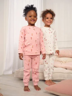 Cœurs écru/rose - Lot de 2 pyjamas gaufrés (9mois à12ans)