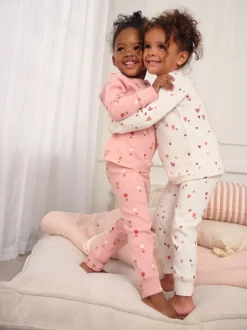 Cœurs écru/rose - Lot de 2 pyjamas gaufrés (9mois à12ans)