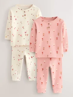 Cœurs écru/rose - Lot de 2 pyjamas gaufrés (9mois à12ans)
