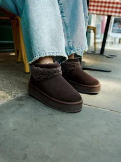 Daim marron chocolat - Bottes à plateforme en fausse fourrure en peau de mouton