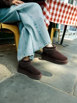 Daim marron chocolat - Bottes à plateforme en fausse fourrure en peau de mouton