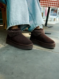 Daim marron chocolat - Bottes à plateforme en fausse fourrure en peau de mouton