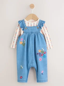 Denim brodé - Ensemble Salopettes et Body Manches longues 2 Pieces (0mois-3ans)