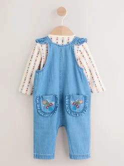 Denim brodé - Ensemble Salopettes et Body Manches longues 2 Pieces (0mois-3ans)