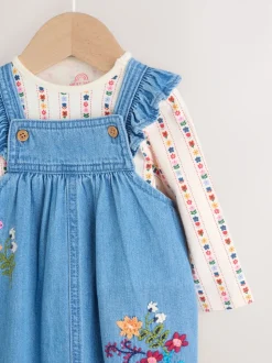 Denim brodé - Ensemble Salopettes et Body Manches longues 2 Pieces (0mois-3ans)