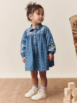 Denim Carreaux brodé - Robe à col à manches longues (3mths-8yrs)