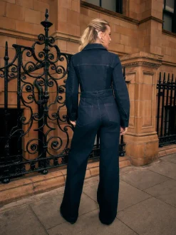 Délavage bleu - Combinaison en Denim ceinturée à Jambe large