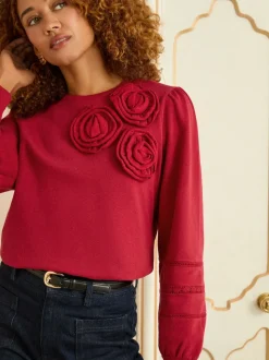 détail corsage Rouge - Sweat Love & Roses en jersey à col ras du cou