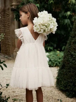 Ecru Blanc 3D Fleur - Robe de fleur en maille (3-16ans)