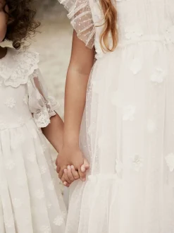 Ecru Blanc 3D Fleur - Robe de fleur en maille (3-16ans)