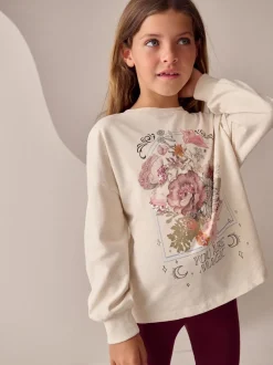 Ecru Floral - Haut à manches longues à sequins (3-16ans)