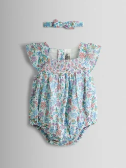 Ensemble barboteuse et bandeau JoJo Maman Bébé à fleurs smockées