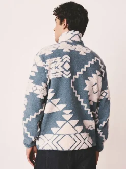 Famille bleue/écrue géométrique assortie - Polaire imprimée à col zippé