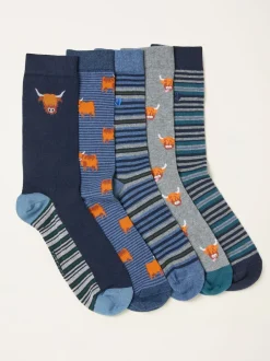 FatFace 5 paires de chaussettes à motif vache des Highlands
