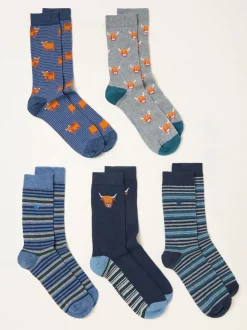 FatFace 5 paires de chaussettes à motif vache des Highlands