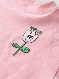 Fleur rose - T-shirt brodé à manches courtes (3mois à7ans)