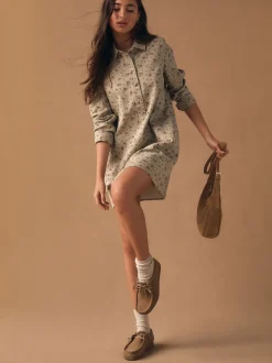 Fleuri neutre - Robe chemise à manches longues en sergé de coton