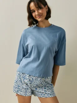 Floral bleu - Ensemble pyjama short en coton