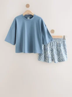 Floral bleu - Ensemble pyjama short en coton