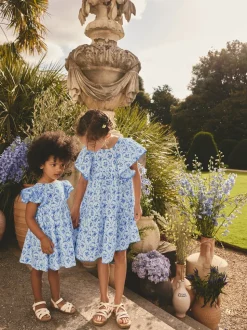 Floral bleu - Robe à manches d'ange (3mths-8yrs)