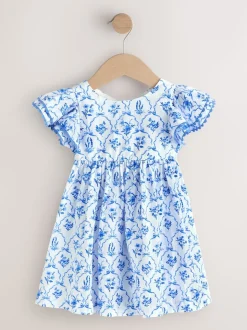 Floral bleu - Robe à manches d'ange (3mths-8yrs)