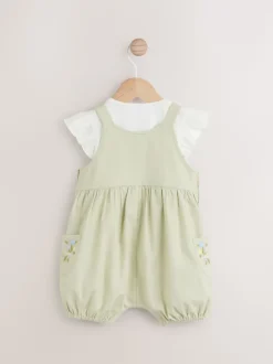 Floral brodées Vert sauge - Ensemble salopette et jambe bébé 100% coton à manches courtes (0mois2ans)