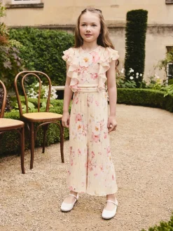 Floral jaune - Combinaison plissée à volants à manches courtes (3-16ans)