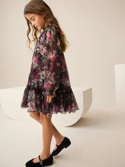 Floral noir - Manches longues Mesh Robes de fête (3-16yrs)