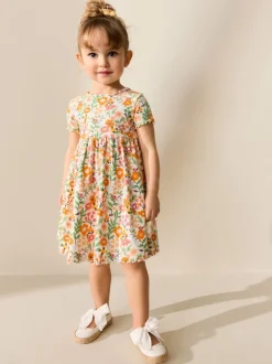 Floral orange - Robe côtelée à manches courtes (3mois7ans)