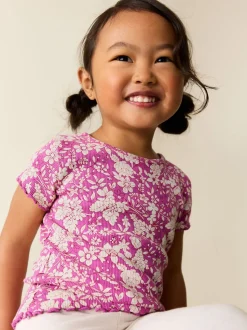 Floral pourpre - T-shirt côtelé à manches courtes (3mois à7ans)