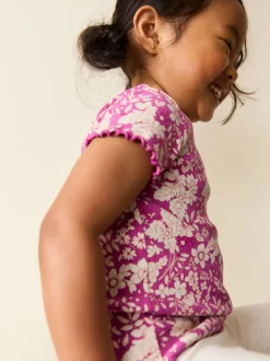 Floral pourpre - T-shirt côtelé à manches courtes (3mois à7ans)