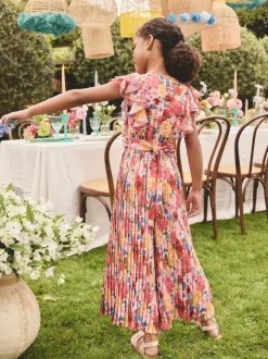 Floral rose - Combinaison plissée à volants à manches courtes (3-16ans)