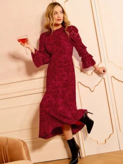 Floral rouge - Robe mi-longue Love & Roses Tissu dévoré Volants