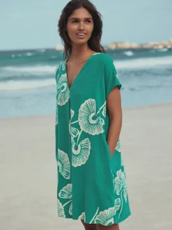 Floral vert - Court robe kaftan à manches courtes et col en V en Lin
