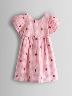 Fraise vichy rose - Robe JoJo Maman Bébé Fleuri Brodée à manches à volants