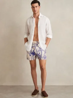 Français Bleu/Blanc - Reiss Ganetti Palm Imprimé Shorts de bain