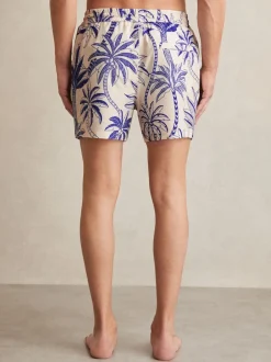 Français Bleu/Blanc - Reiss Ganetti Palm Imprimé Shorts de bain