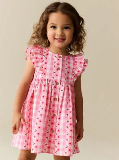 Gingham rose - Robe à manches à double volant (3mois8ans)