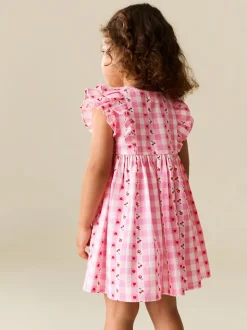 Gingham rose - Robe à manches à double volant (3mois8ans)