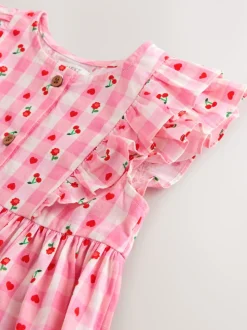 Gingham rose - Robe à manches à double volant (3mois8ans)