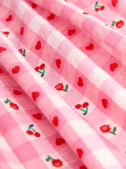 Gingham rose - Robe à manches à double volant (3mois8ans)