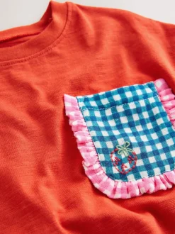 Gingham rouge - T-shirt à manches courtes avec poche (3mois7ans)
