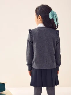 Gris - Cardigan d'école à épaules volantées en coton riche (3-16ans)