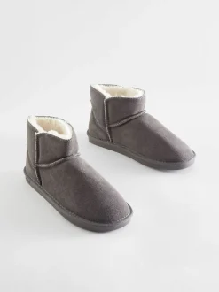 Gris - Chaussons chaussons en daim doublés de fausse fourrure