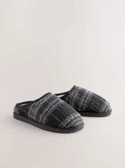 Gris - Chaussons mules à carreaux