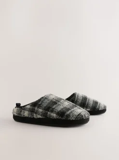 Gris - Chaussons mules à carreaux