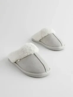 Gris - Chaussons mules en daim et fausse fourrure