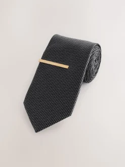 Gris - Cravate texturée avec pince à cravate