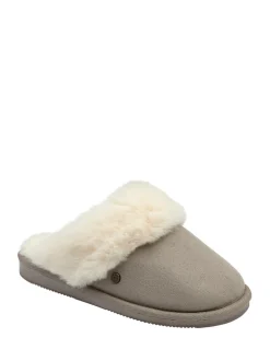 Gris - Dunlop Chaussons mules en faux daim col en fourrure