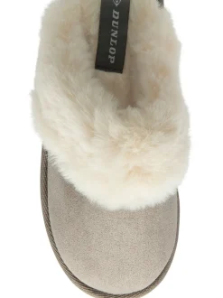 Gris - Dunlop Chaussons mules en faux daim col en fourrure